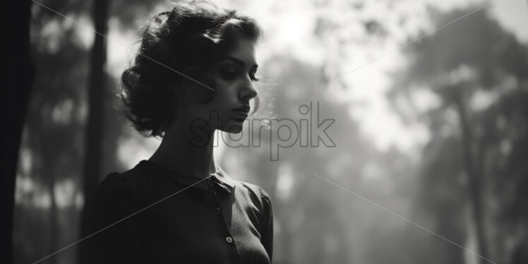 A girl on the background of a park in black and white - Starpik Stock