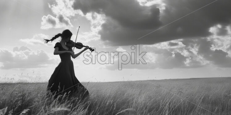 A girl plays the violin in a field, black and white image - Starpik Stock