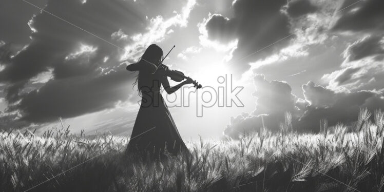 A girl plays the violin in a field, black and white image - Starpik Stock