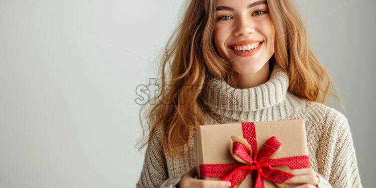 A girl with a gift in her hand on a light background - Starpik Stock