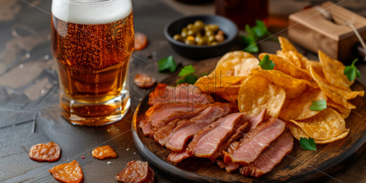 A glass of beer, dried meat and chips - Starpik Stock