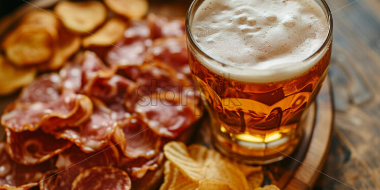 A glass of beer, dried meat and chips - Starpik Stock