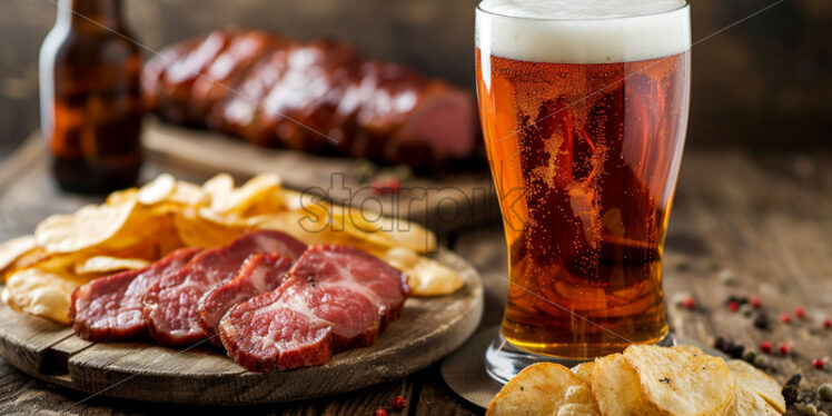 A glass of beer, dried meat and chips - Starpik Stock