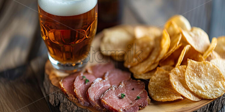 A glass of beer, dried meat and chips - Starpik Stock