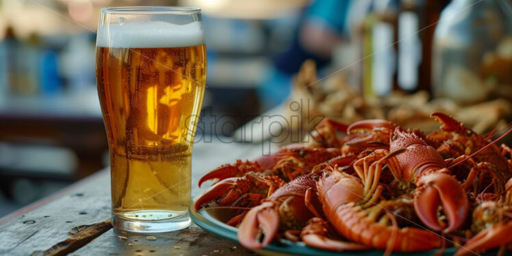 A glass of beer with a plate of fresh crayfish - Starpik Stock