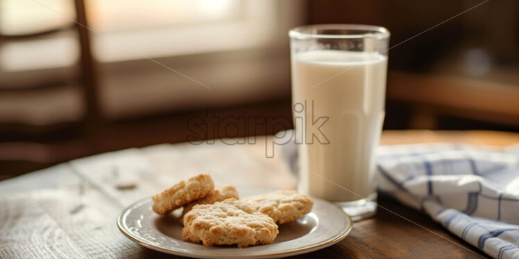 A glass of milk with a homemade biscuit on the side - Starpik Stock