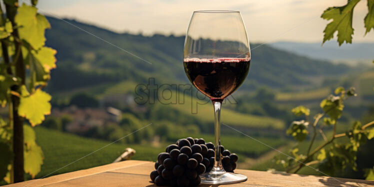 A glass of wine on an old table with a vineyard background - Starpik Stock