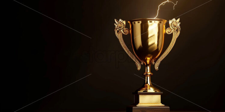 A gold cup on a black background, lightning, victory - Starpik Stock