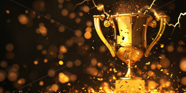 A gold cup on a black background, lightning, victory - Starpik Stock