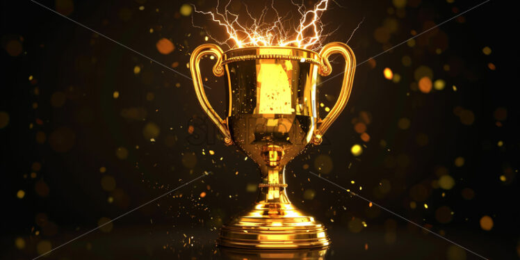 A gold cup on a black background, lightning, victory - Starpik Stock