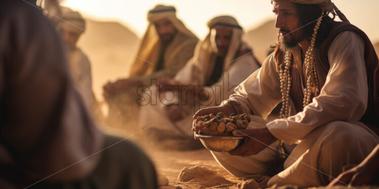 A group of Bedouin tribespeople engaged in traditional desert rituals - Starpik Stock