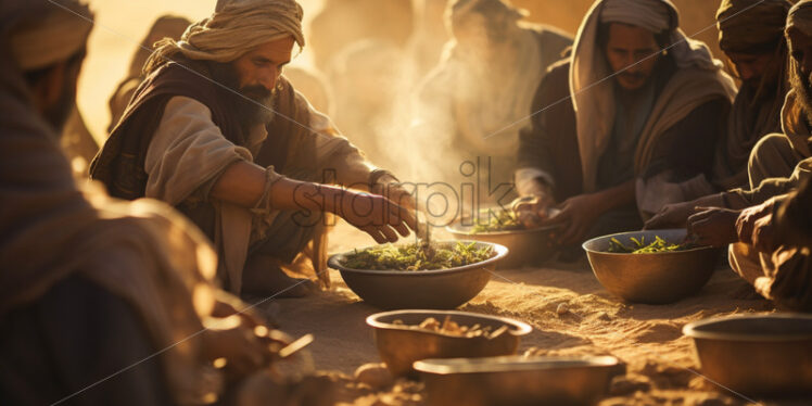 A group of Bedouin tribespeople engaged in traditional desert rituals - Starpik Stock