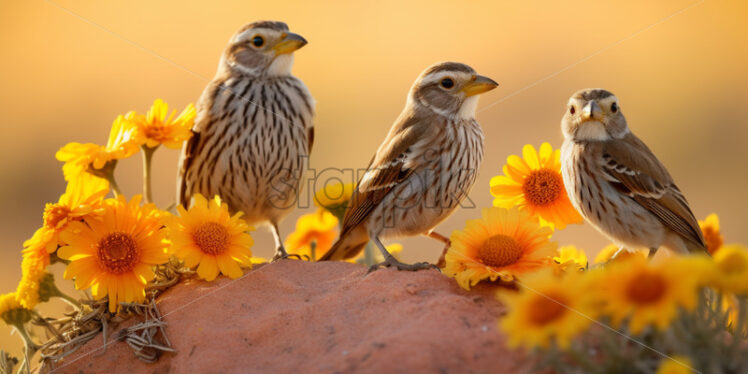 A group of Desert finches in vibrant plumage, fluttering among desert blooms - Starpik Stock