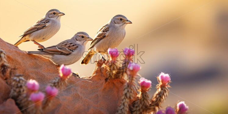  A group of Desert finches in vibrant plumage, fluttering among desert blooms - Starpik Stock