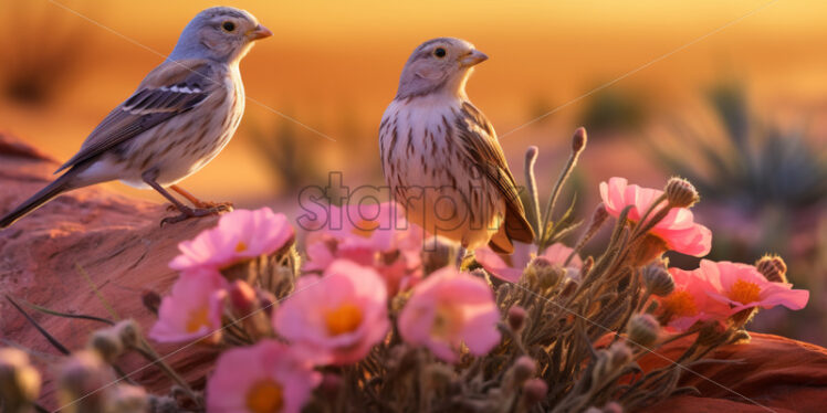 A group of Desert finches in vibrant plumage, fluttering among desert blooms - Starpik Stock