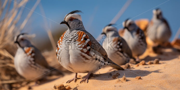 A group of Gambel's quail foraging for food in the sandy desert soil - Starpik Stock