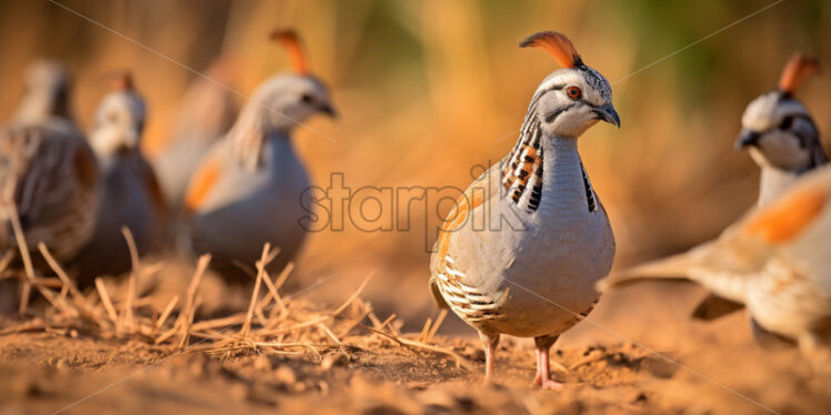 A group of Gambel's quail foraging for food in the sandy desert soil - Starpik Stock