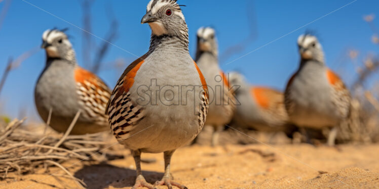 A group of Gambel's quail foraging for food in the sandy desert soil - Starpik Stock