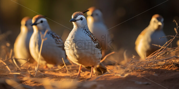 A group of Gambel's quail foraging for food in the sandy desert soil - Starpik Stock