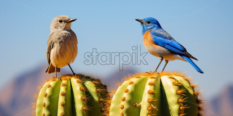 A group of Western bluebirds perched on a saguaro cactus, against a desert backdrop - Starpik Stock