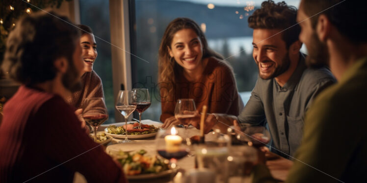 A group of friends in laughter and conversation around the party table - Starpik Stock