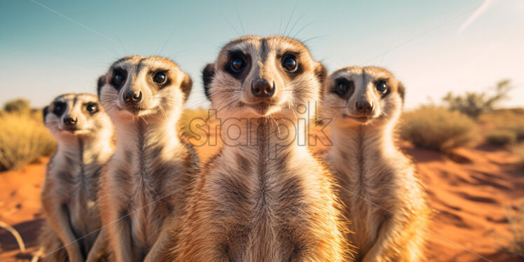 A group of meerkats standing alert, keeping watch over the desert surroundings - Starpik Stock