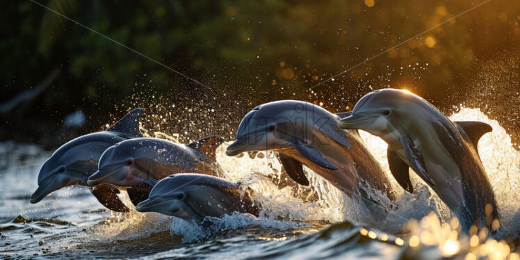 A group of playful dolphins frolicking near the water's edge - Starpik Stock