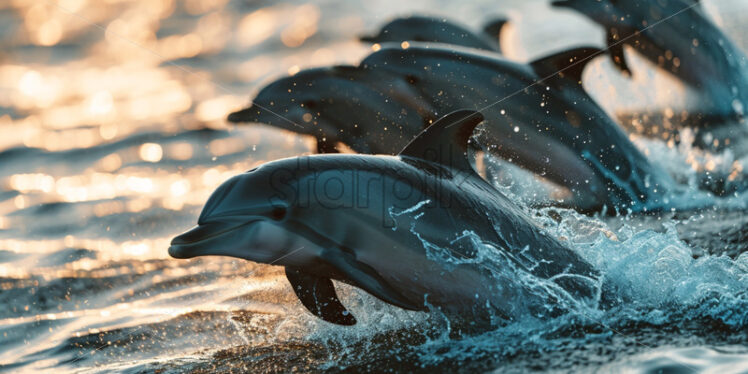 A group of playful dolphins frolicking near the water's edge - Starpik Stock