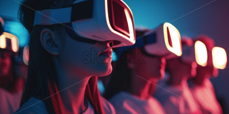 A group of teenagers wearing VR glasses, office concept - Starpik Stock