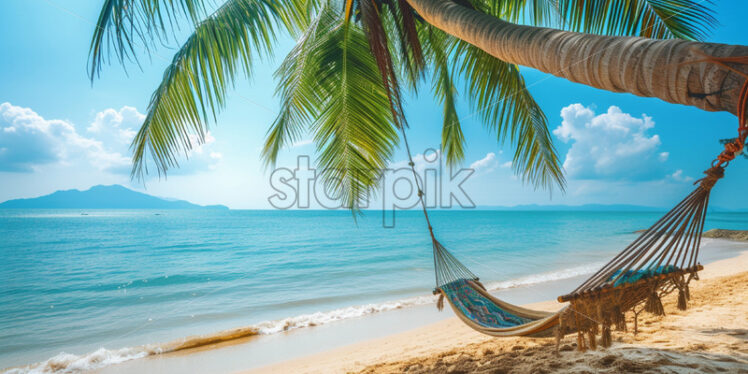 A hammock hanging from some palm trees on the beach - Starpik Stock