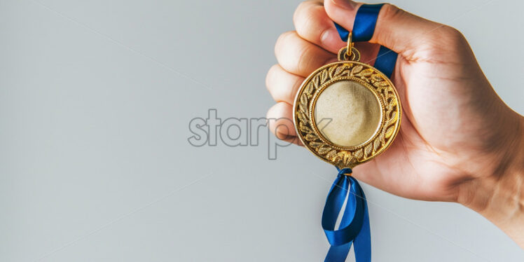 A hand holds a gold medal on a white background - Starpik Stock