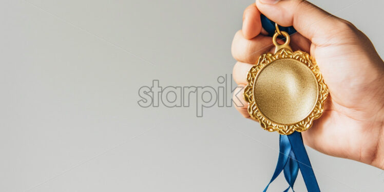 A hand holds a gold medal on a white background - Starpik Stock