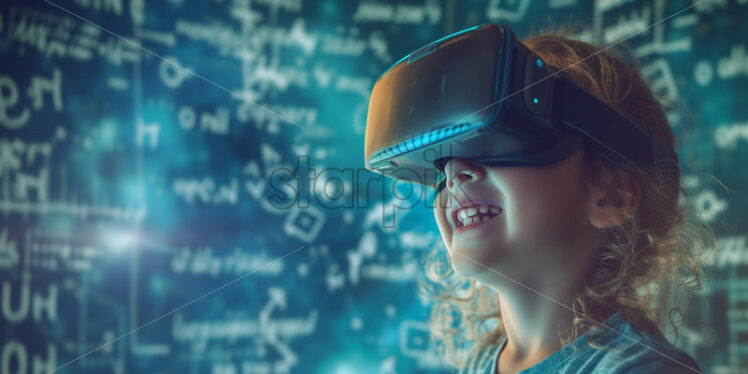 A happy child with VR glasses, on background with mathematical formulas  - Starpik Stock