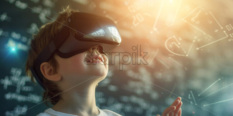 A happy child with VR glasses, on background with mathematical formulas  - Starpik Stock