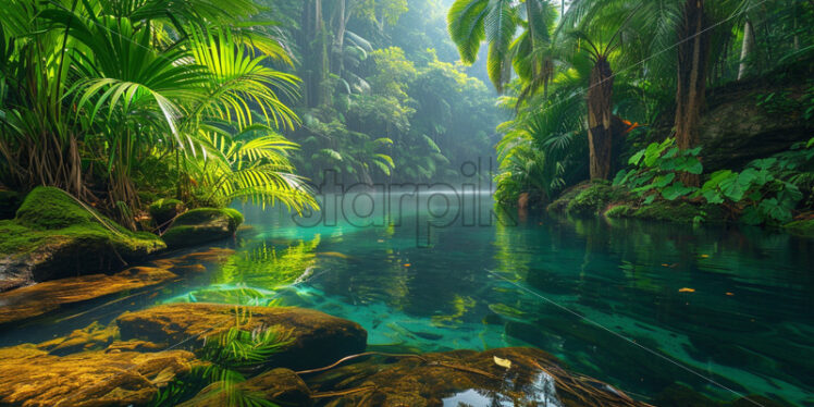 A hidden freshwater lagoon surrounded by dense tropical foliage
 - Starpik Stock