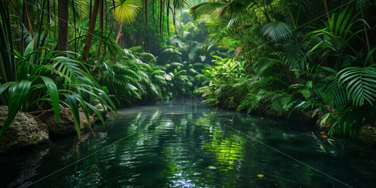 A hidden freshwater lagoon surrounded by dense tropical foliage - Starpik Stock