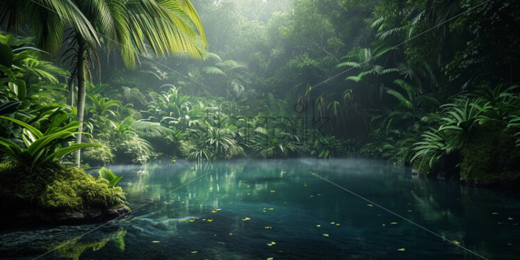 A hidden freshwater lagoon surrounded by dense tropical foliage - Starpik Stock