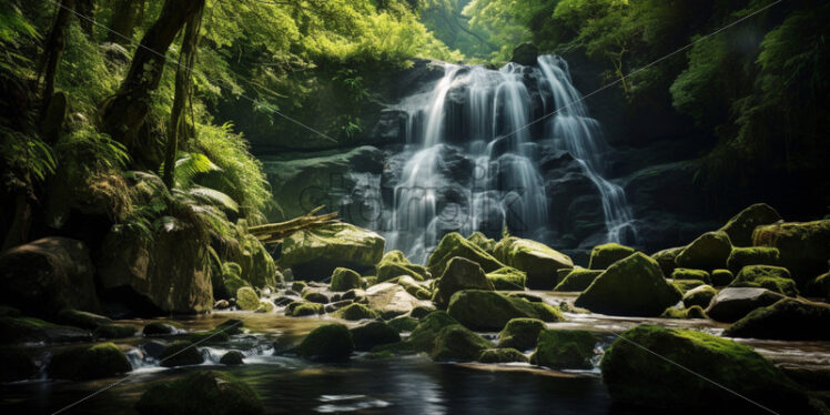 A hidden waterfall cascading down the rocks amidst the dense foliage - Starpik Stock