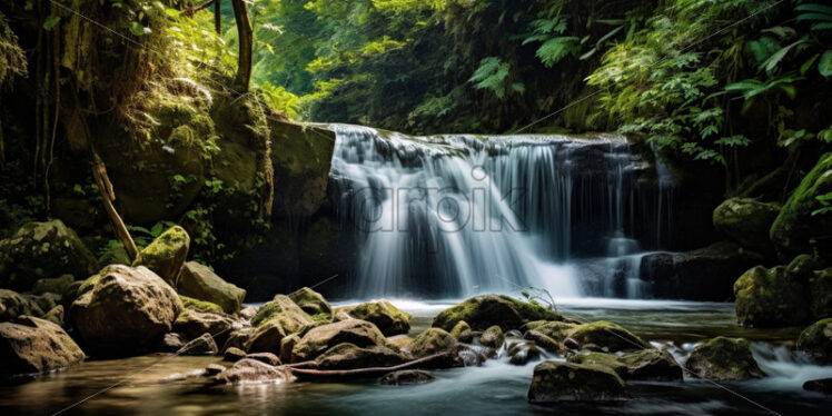 A hidden waterfall cascading down the rocks amidst the dense foliage - Starpik Stock