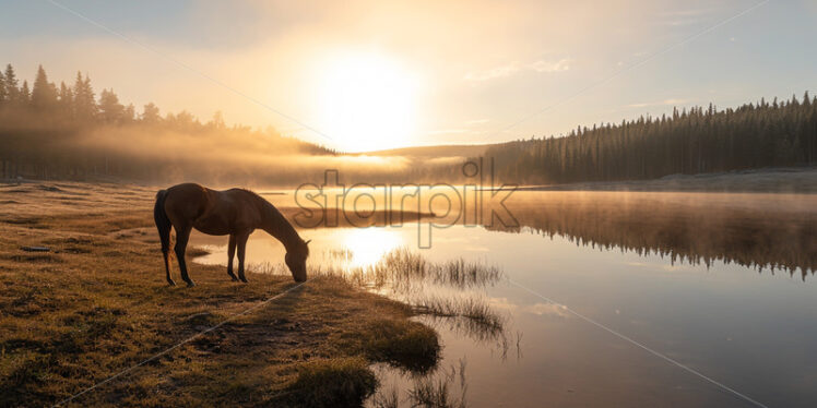 A horse grazing on the shore of a lake in the morning fog - Starpik Stock