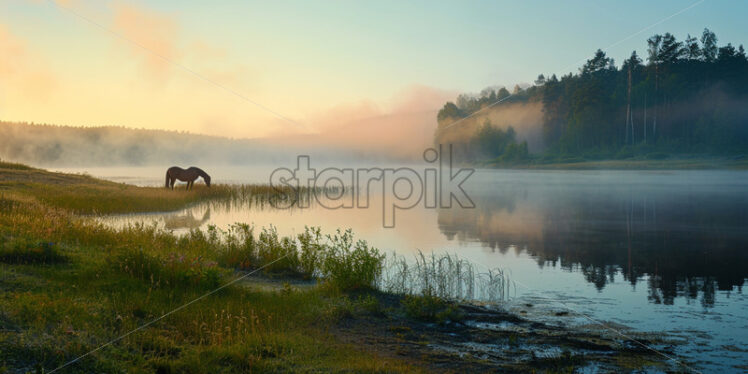 A horse grazing on the shore of a lake in the morning fog - Starpik Stock