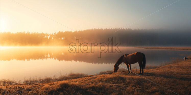 A horse grazing on the shore of a lake in the morning fog - Starpik Stock