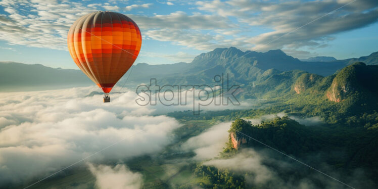 A hot air balloon flying through the clouds - Starpik Stock