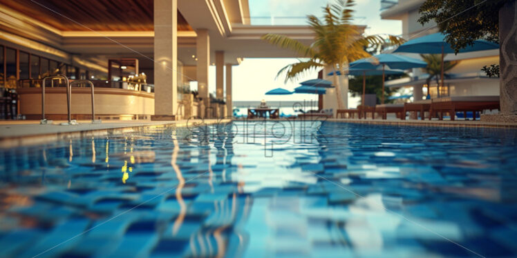 A hotel pool with a mosaic-tiled bottom and a swim-up bar serving refreshing beverages - Starpik Stock