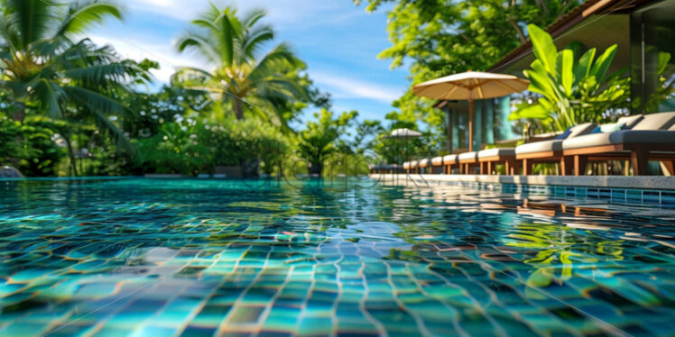 A hotel pool with a mosaic-tiled bottom and a swim-up bar serving refreshing beverages - Starpik Stock