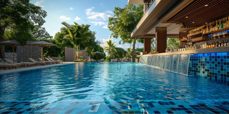 A hotel pool with a mosaic-tiled bottom and a swim-up bar serving refreshing beverages - Starpik Stock