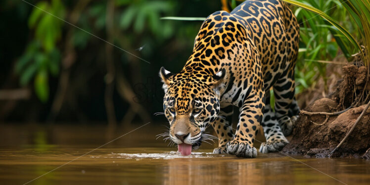 A jaguar drinking water from a river - Starpik Stock