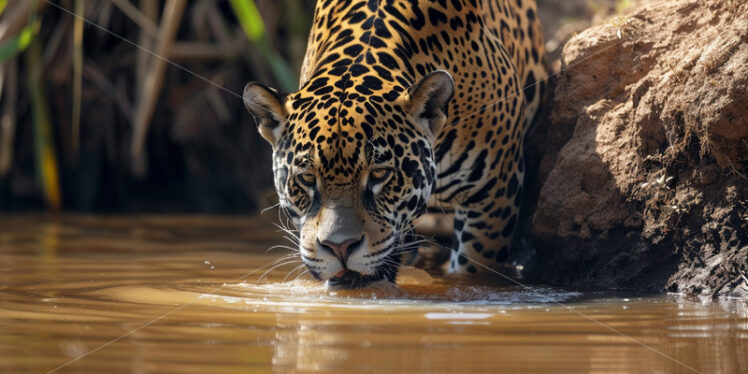 A jaguar drinking water from a river - Starpik Stock