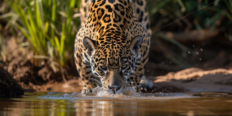 A jaguar drinking water from a river - Starpik Stock