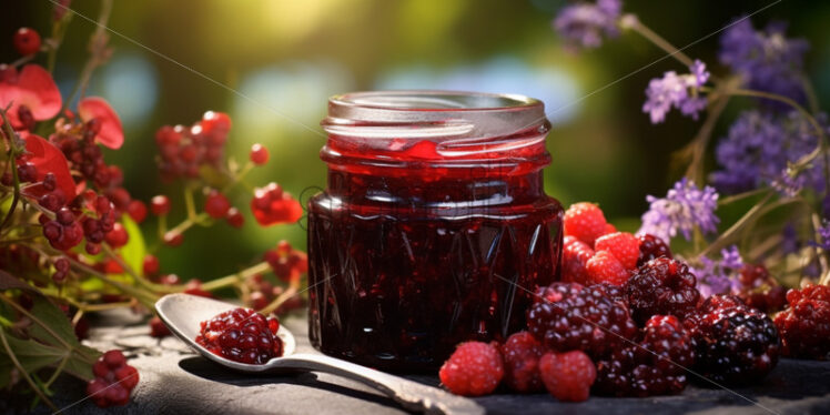 A jar of berry jam , on an antique table, with a fields of flower background - Starpik Stock